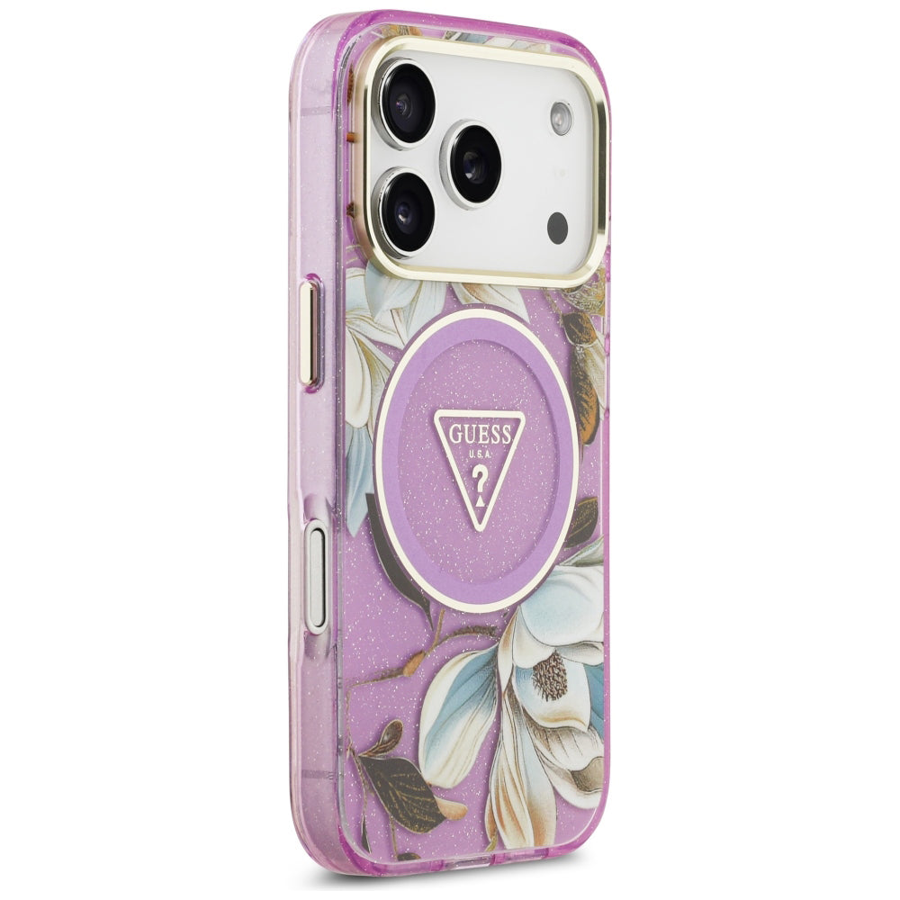 MagSafe-Hülle für Apple iPhone 18 Pro / 17 Pro, Guess, IML Metal Glitter Flowers Triangle, Lila