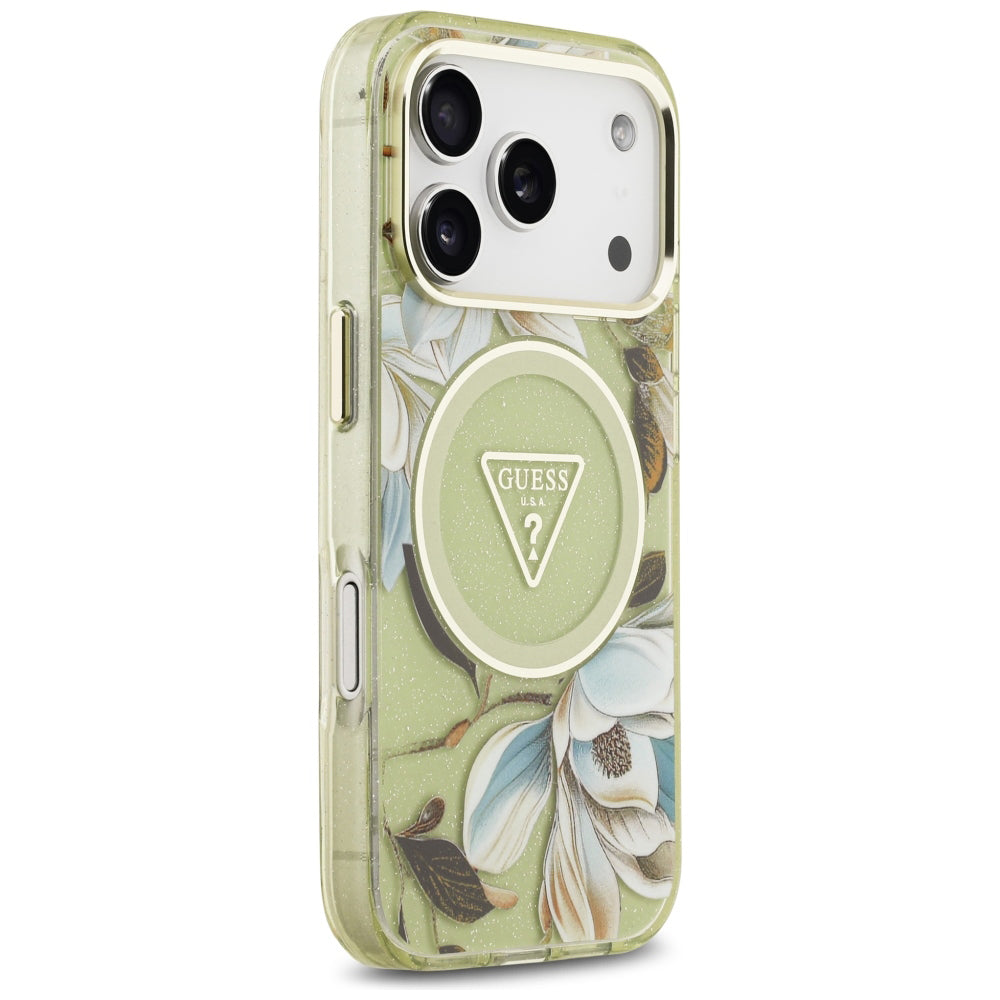 MagSafe-Hülle für Apple iPhone 18 Pro / 17 Pro, Guess, IML Metal Glitter Flowers Triangle, Grün