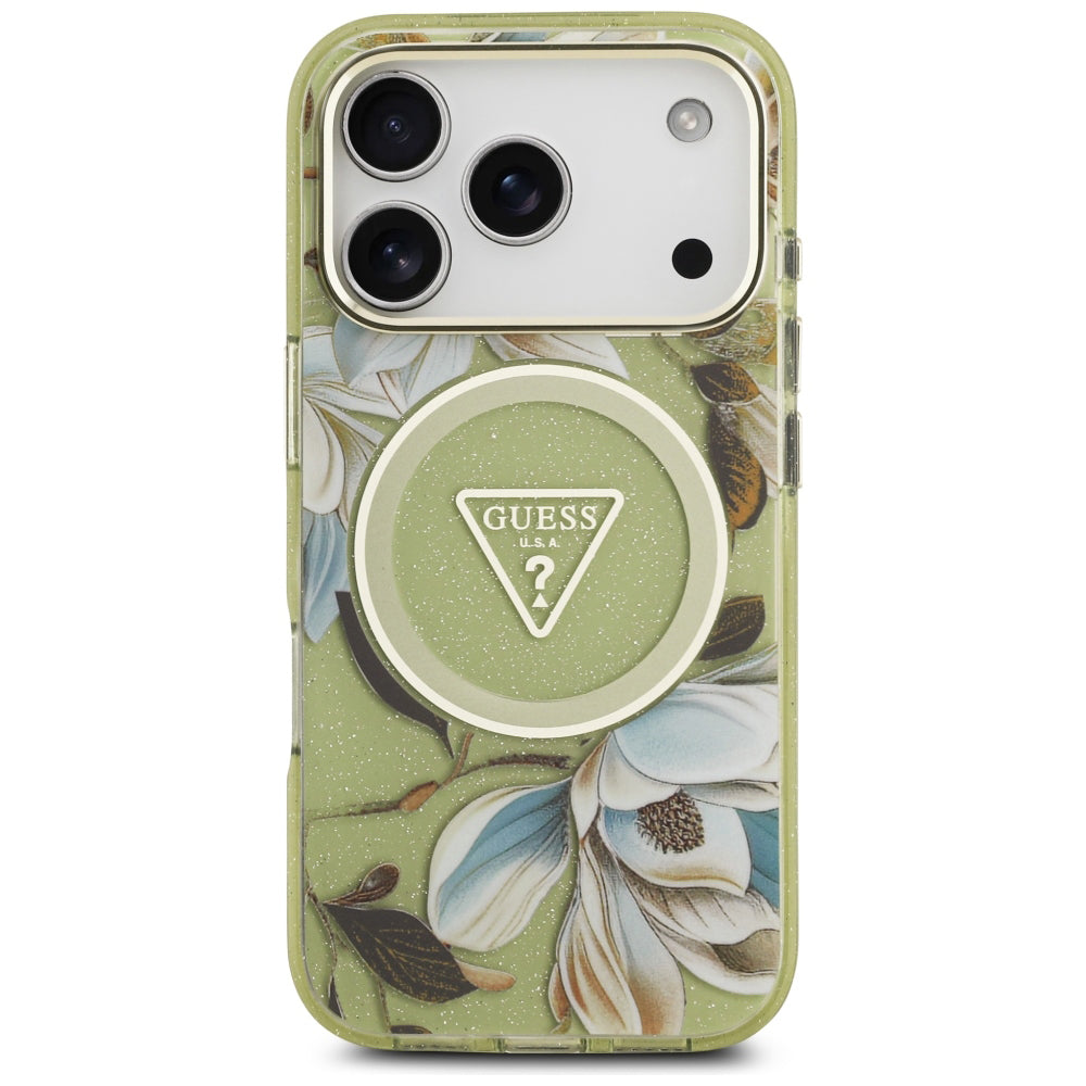 MagSafe-Hülle für Apple iPhone 18 Pro / 17 Pro, Guess, IML Metal Glitter Flowers Triangle, Grün