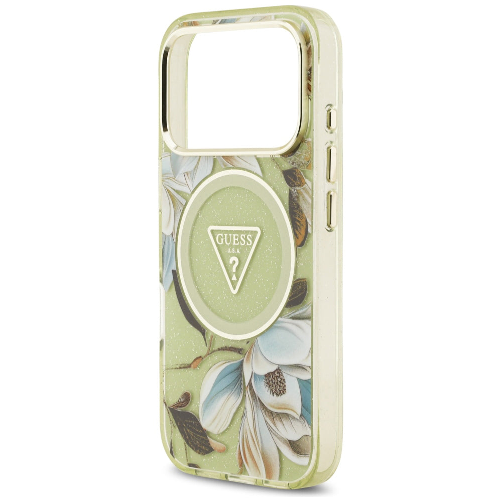 MagSafe-Hülle für Apple iPhone 18 Pro / 17 Pro, Guess, IML Metal Glitter Flowers Triangle, Grün