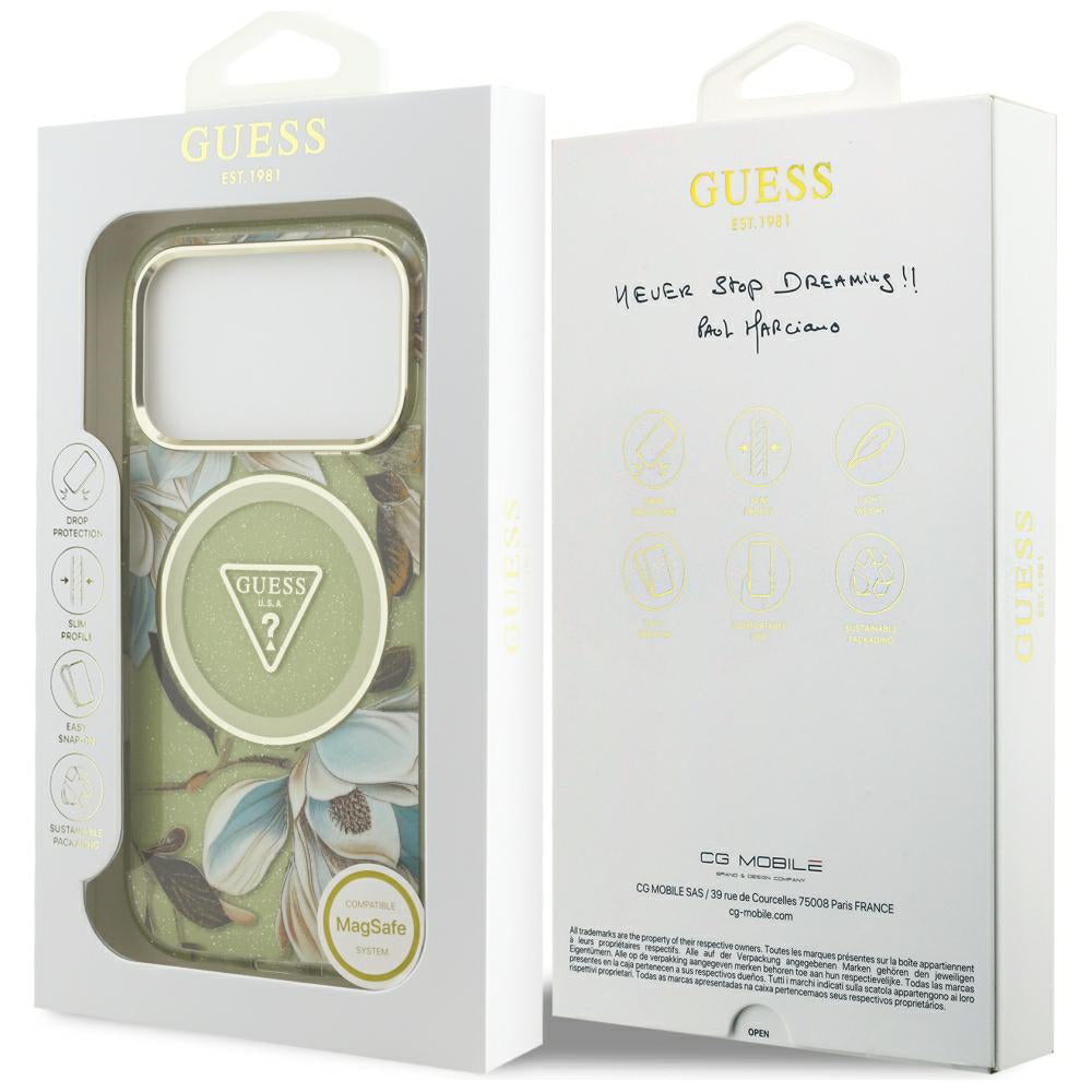 MagSafe-Hülle für Apple iPhone 18 Pro / 17 Pro, Guess, IML Metal Glitter Flowers Triangle, Grün