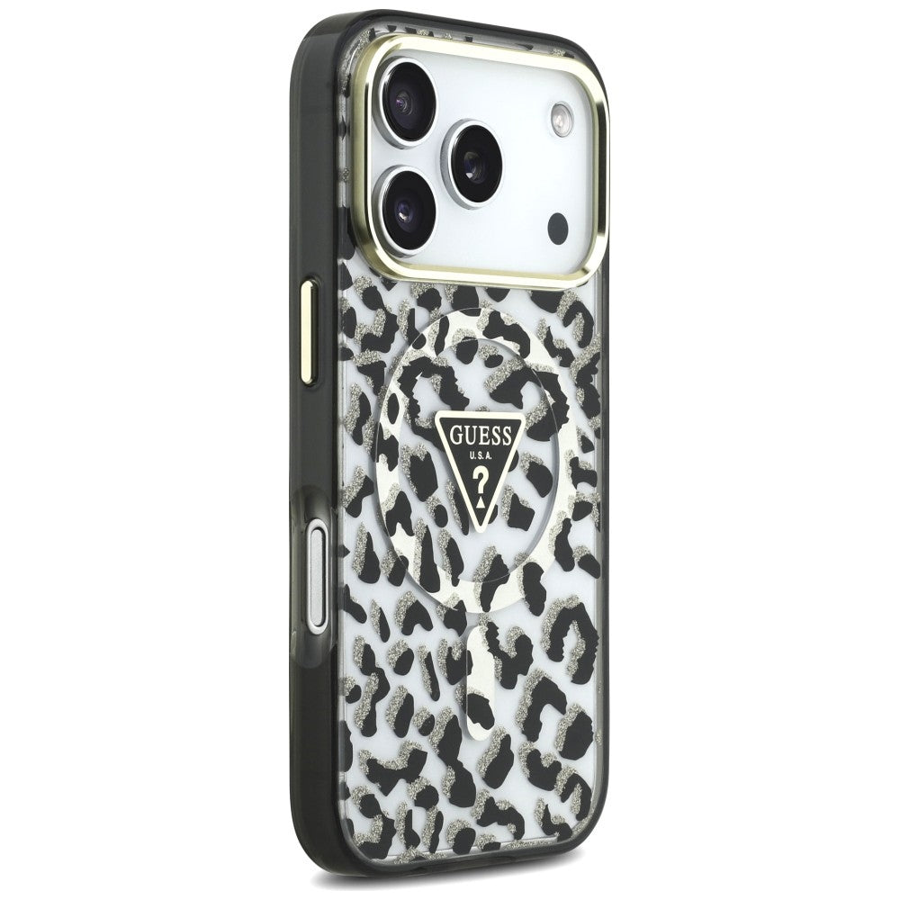 MagSafe-Hülle für Apple iPhone 18 Pro / 17 Pro, Guess, Leopard Glitter Dreieck Logo, Schwarz