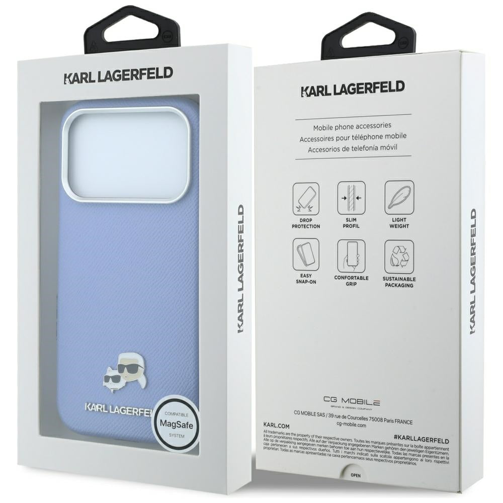 MagSafe-Hülle für Apple iPhone 18 Pro / 17 Pro, Karl Lagerfeld, Grained Karl & Choupette Head's Metal, Blau