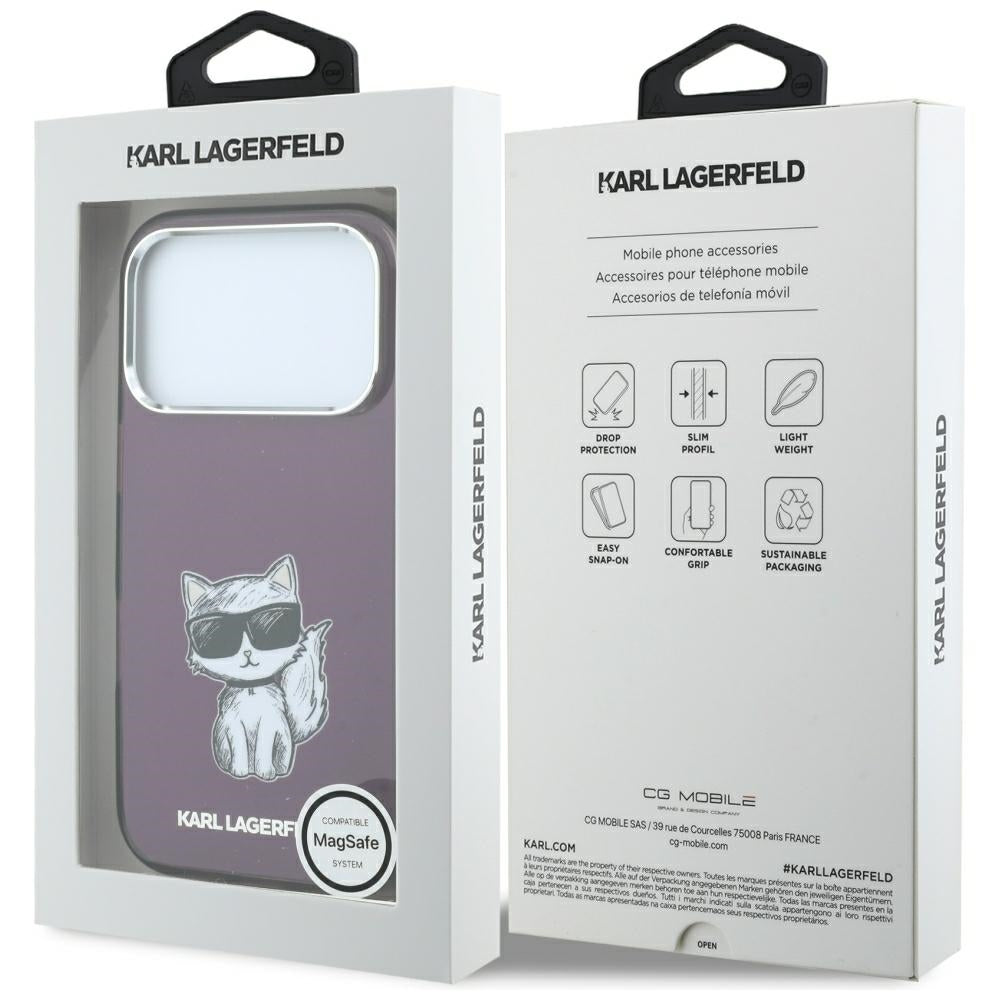 MagSafe-Hülle für Apple iPhone 18 Pro / 17 Pro, Karl Lagerfeld, HC IML Choupette Body Sketch Print, Weinrot