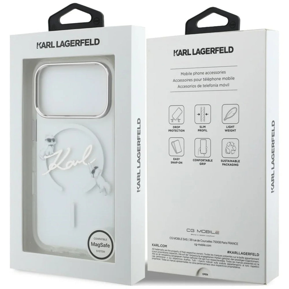 MagSafe-Hülle für Apple iPhone 18 Pro / 17 Pro, Karl Lagerfeld, IML Choupette Karl Script Logo, Transparent