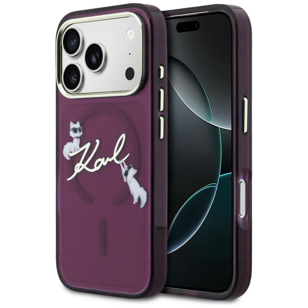 MagSafe-Hülle für Apple iPhone 18 Pro / 17 Pro, Karl Lagerfeld, IML Choupette Karl Script Logo, Weinrot