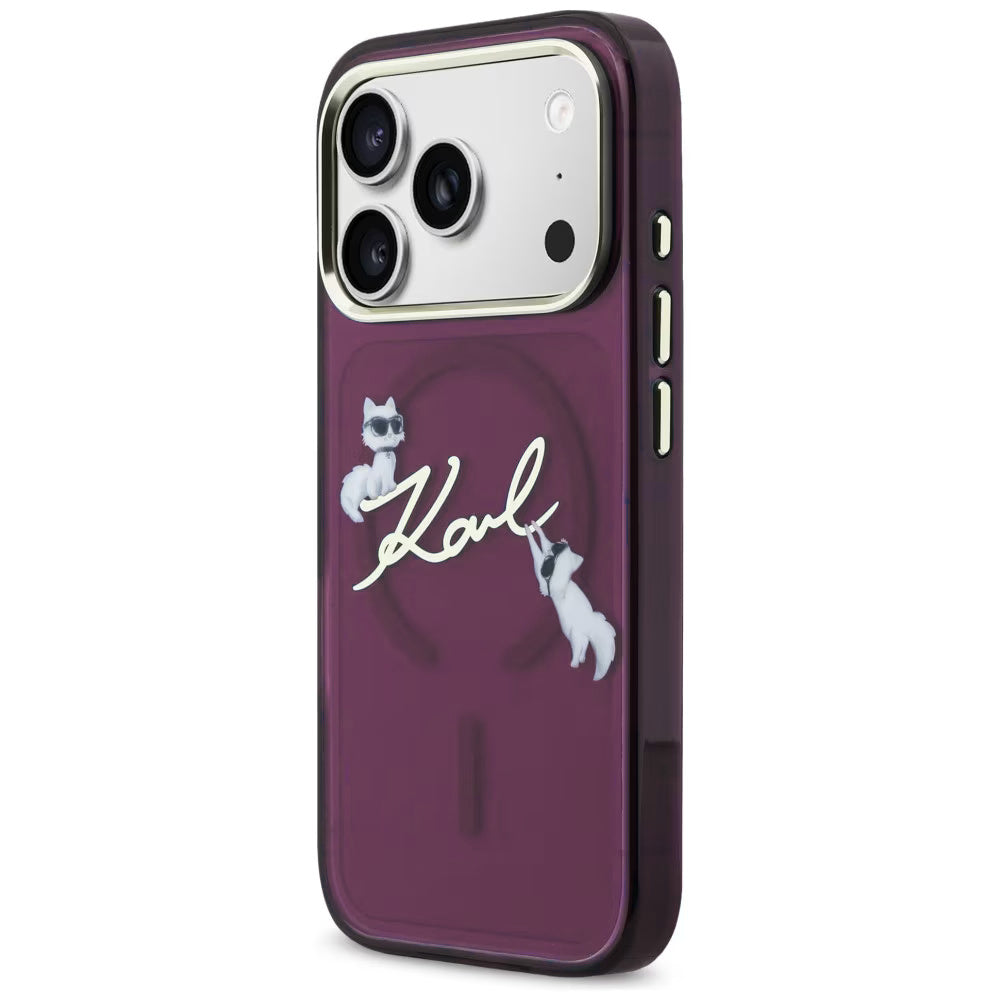MagSafe-Hülle für Apple iPhone 18 Pro / 17 Pro, Karl Lagerfeld, IML Choupette Karl Script Logo, Weinrot