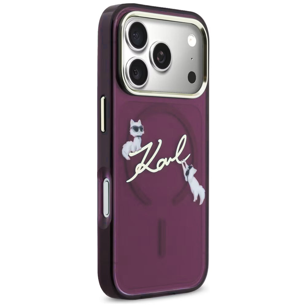 MagSafe-Hülle für Apple iPhone 18 Pro / 17 Pro, Karl Lagerfeld, IML Choupette Karl Script Logo, Weinrot