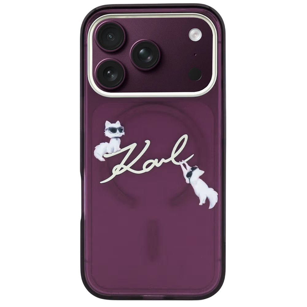 MagSafe-Hülle für Apple iPhone 18 Pro / 17 Pro, Karl Lagerfeld, IML Choupette Karl Script Logo, Weinrot