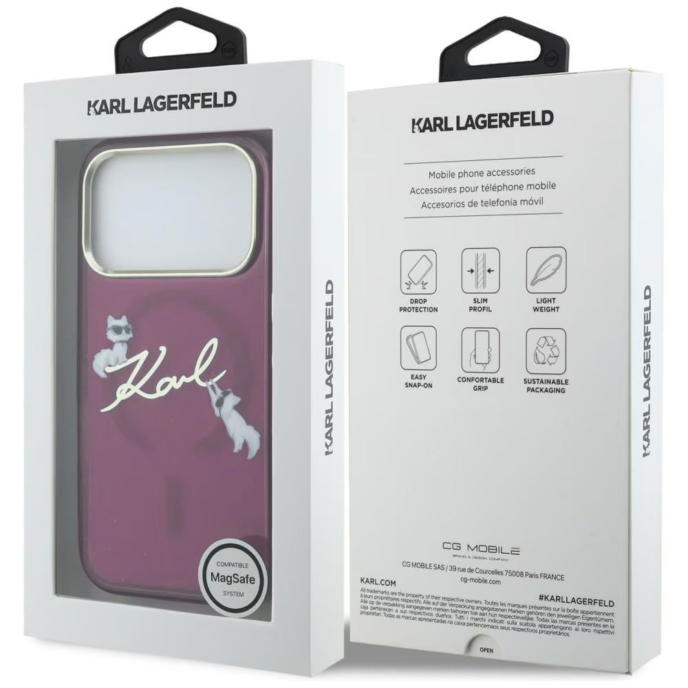MagSafe-Hülle für Apple iPhone 18 Pro / 17 Pro, Karl Lagerfeld, IML Choupette Karl Script Logo, Weinrot