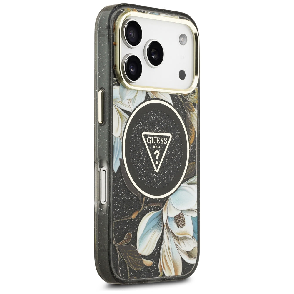 MagSafe-Hülle für Apple iPhone 18 Pro, Guess, IML Metal Glitter Flowers Triangle, Schwarz