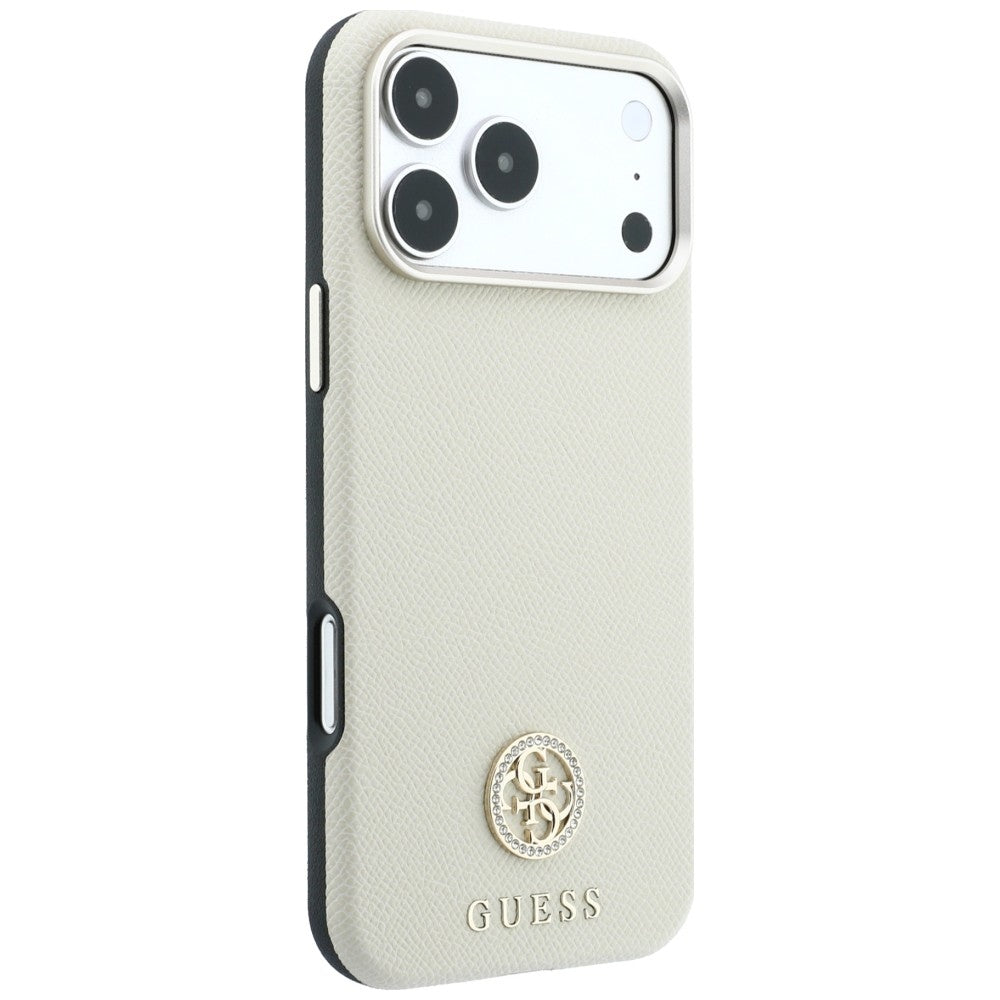 MagSafe-Hülle für Apple iPhone 18 Pro Max / 17 Pro Max, Guess, genarbtes rundes Strass-Logo, Beige