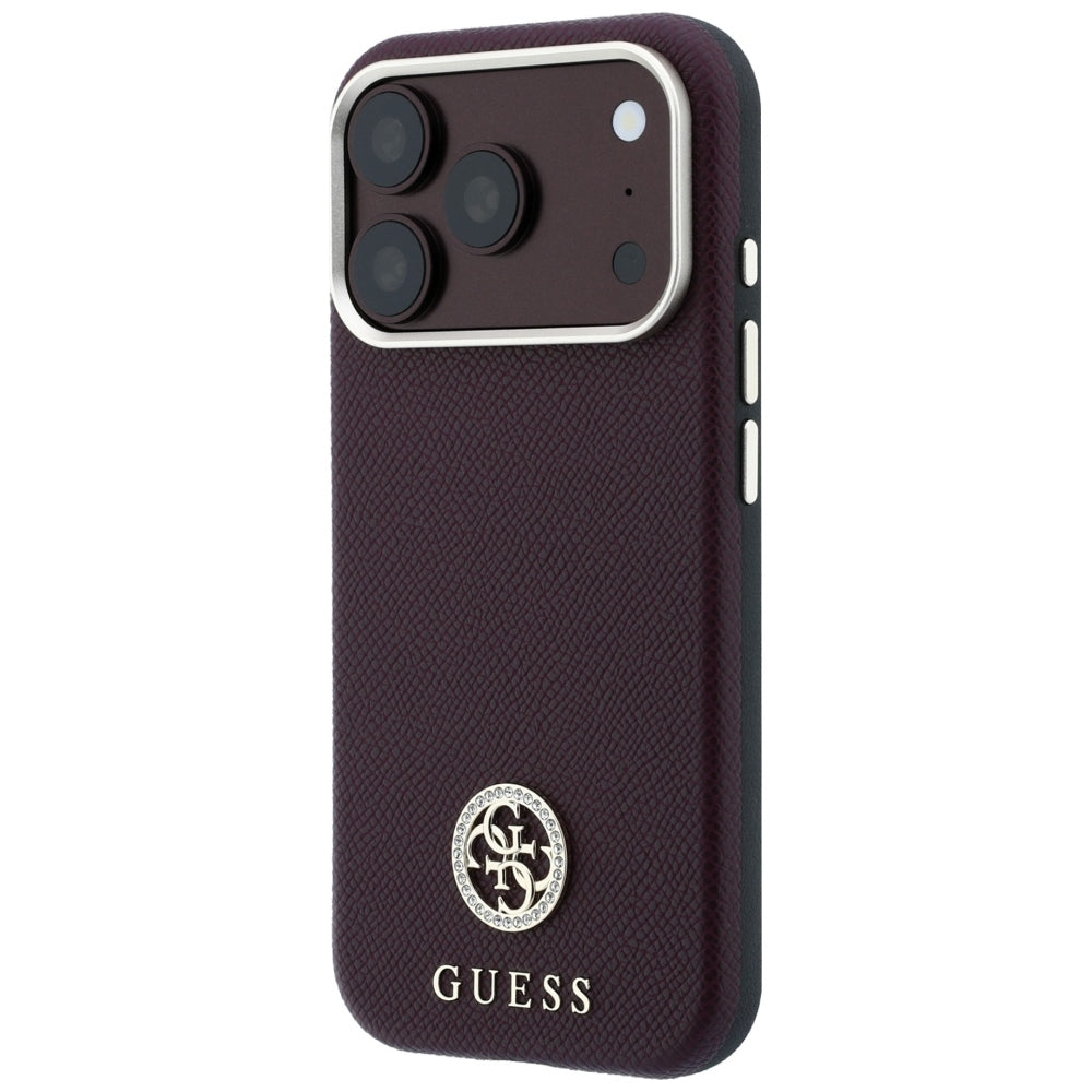 MagSafe-Hülle für Apple iPhone 18 Pro Max / 17 Pro Max, Guess, genarbtes rundes Strass-Logo, Weinrot