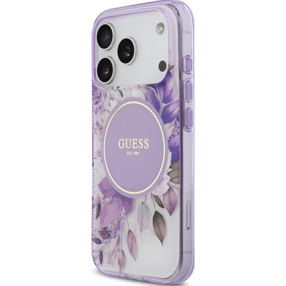 MagSafe-Hülle für Apple iPhone 18 Pro Max / 17 Pro Max, Guess, IML Flowers with Pearl Strap, Lila