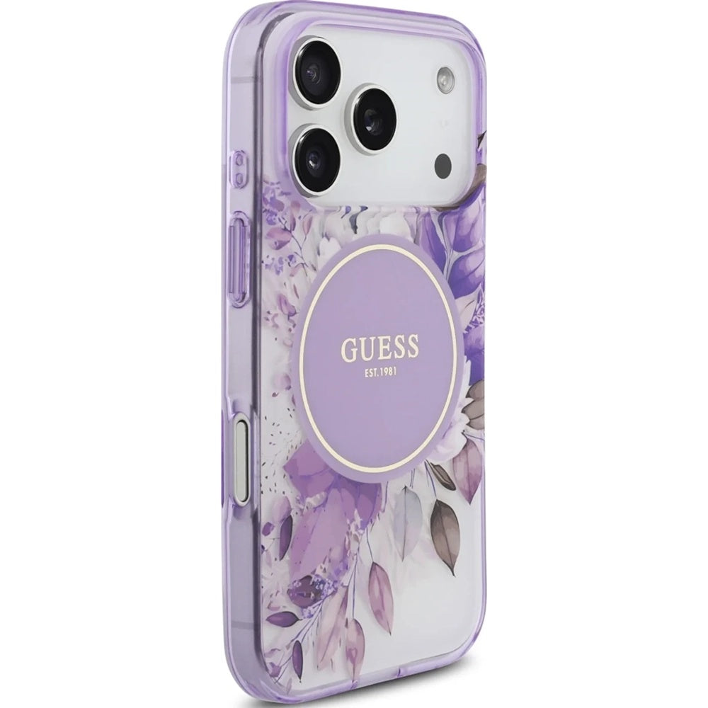 MagSafe-Hülle für Apple iPhone 18 Pro Max / 17 Pro Max, Guess, IML Flowers with Pearl Strap, Lila