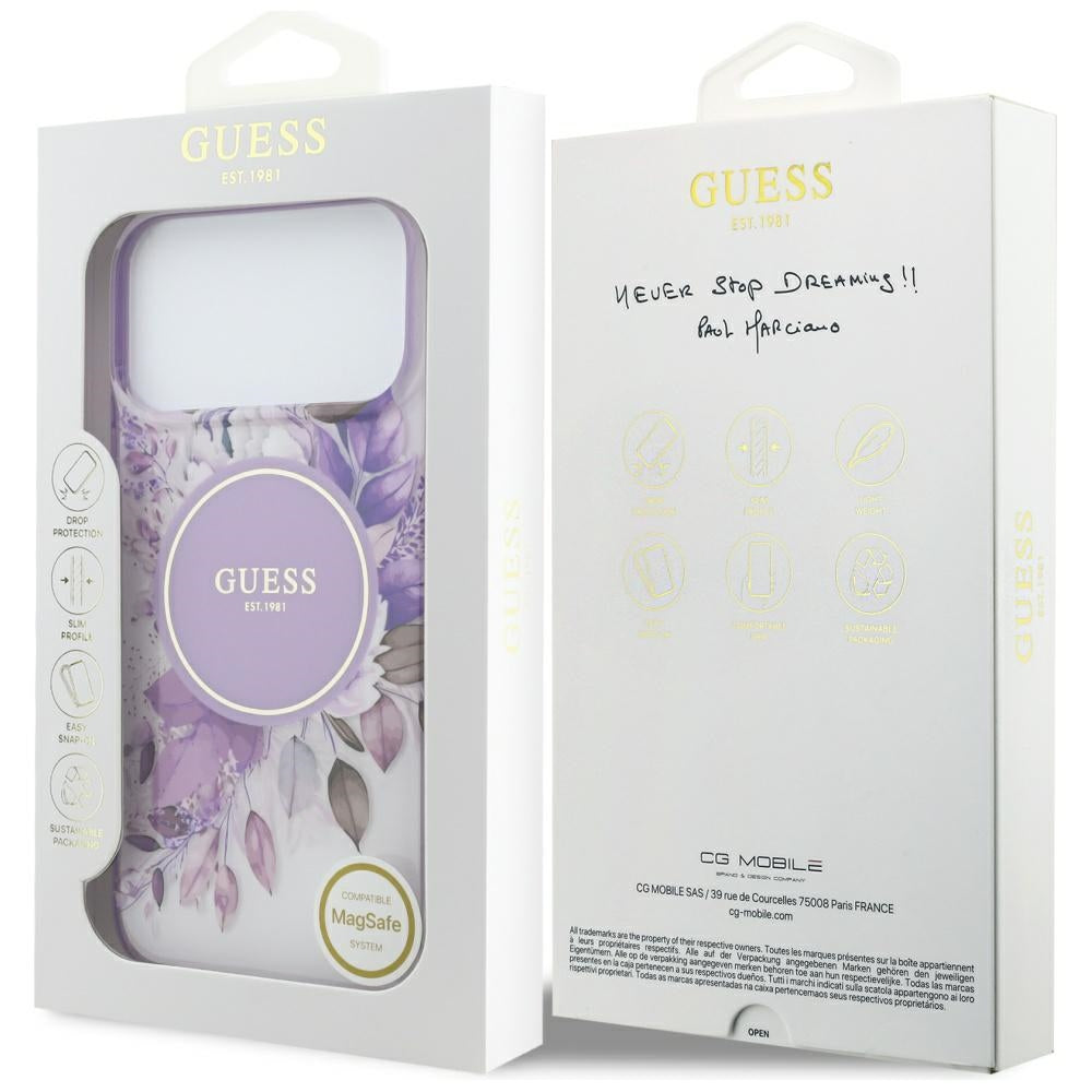 MagSafe-Hülle für Apple iPhone 18 Pro Max / 17 Pro Max, Guess, IML Flowers with Pearl Strap, Lila