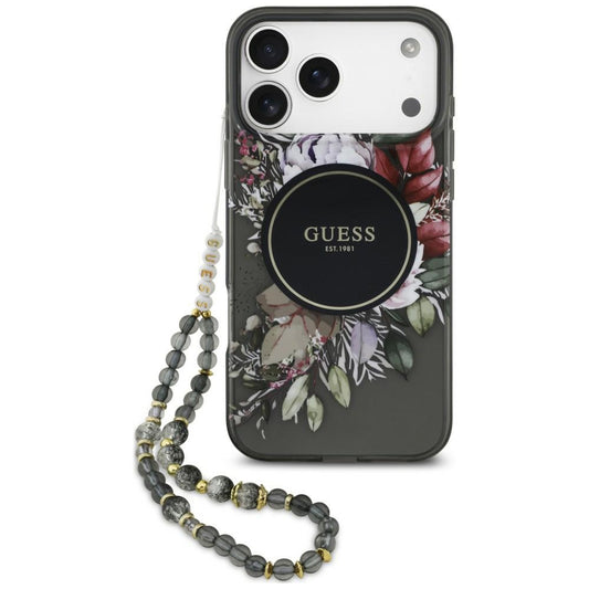 MagSafe-Hülle für Apple iPhone 18 Pro Max / 17 Pro Max, Guess, IML Flowers with Pearl Strap, Schwarz
