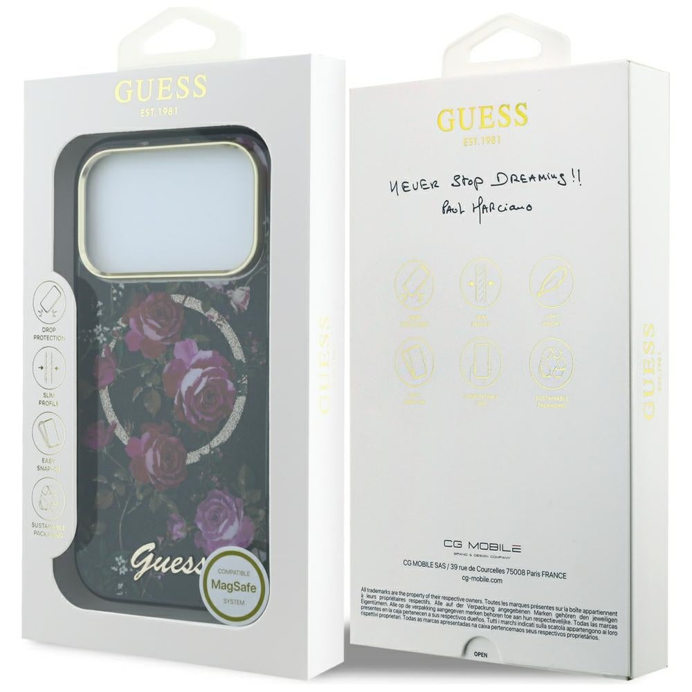 MagSafe-Hülle für Apple iPhone 18 Pro Max / 17 Pro Max, Guess, IML Glitter Blossom Roses, Schwarz