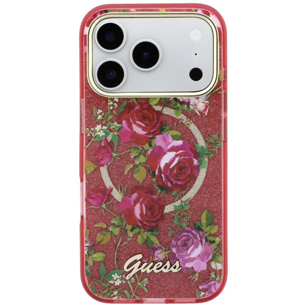 MagSafe-Hülle für Apple iPhone 18 Pro Max / 17 Pro Max, Guess, IML Glitter Blossom Roses, Weinrot