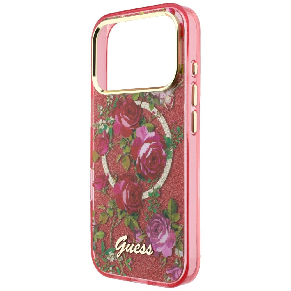 MagSafe-Hülle für Apple iPhone 18 Pro Max / 17 Pro Max, Guess, IML Glitter Blossom Roses, Weinrot