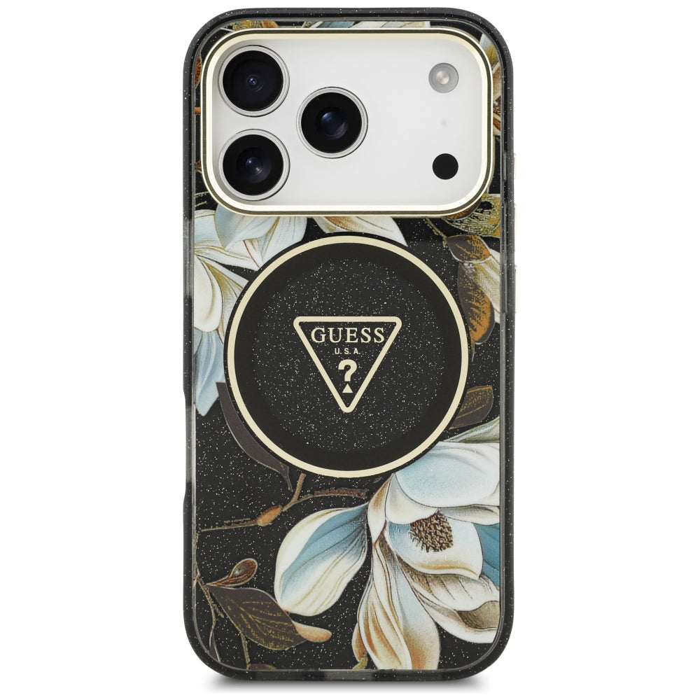 MagSafe-Hülle für Apple iPhone 18 Pro Max / 17 Pro Max, Guess, IML Metal Glitter Flowers Triangle, Schwarz