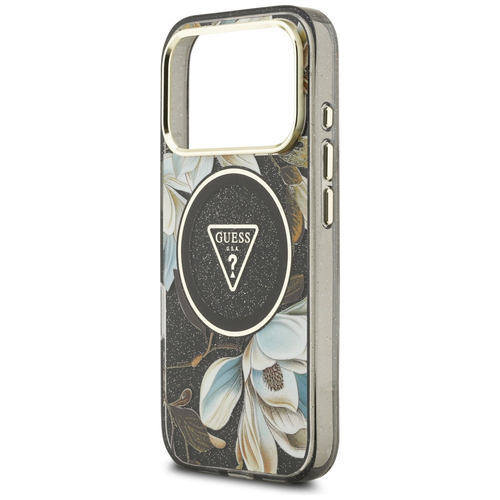 MagSafe-Hülle für Apple iPhone 18 Pro Max / 17 Pro Max, Guess, IML Metal Glitter Flowers Triangle, Schwarz