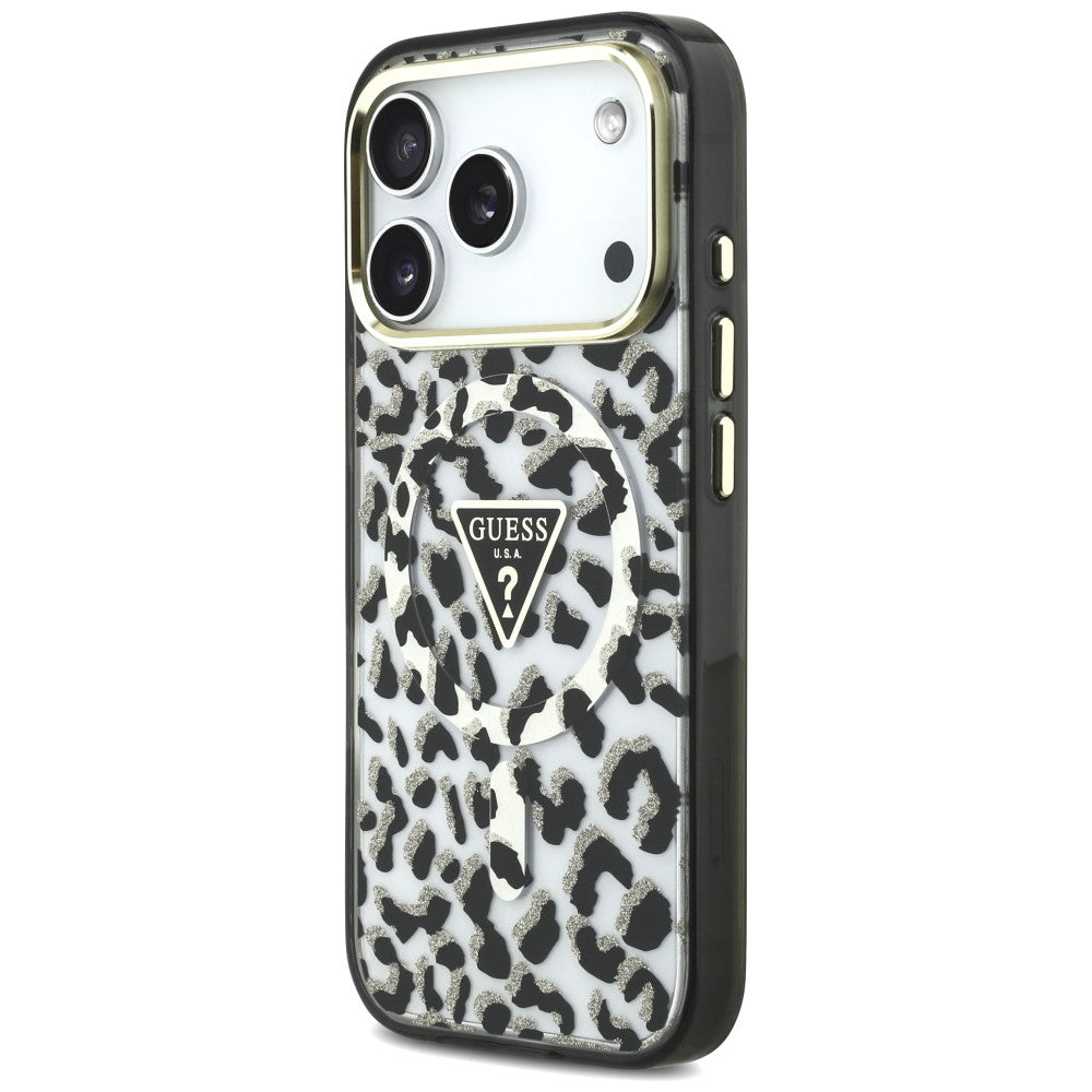 MagSafe-Hülle für Apple iPhone 18 Pro Max / 17 Pro Max, Guess, Leopard Glitter Dreieck Logo, Schwarz