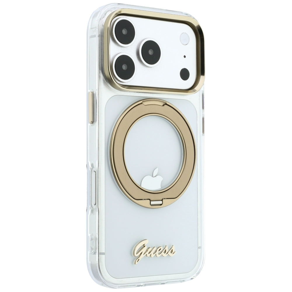 MagSafe-Hülle für Apple iPhone 18 Pro Max / 17 Pro Max, Guess, Ring Stand Script Metall-Logo, Transparent