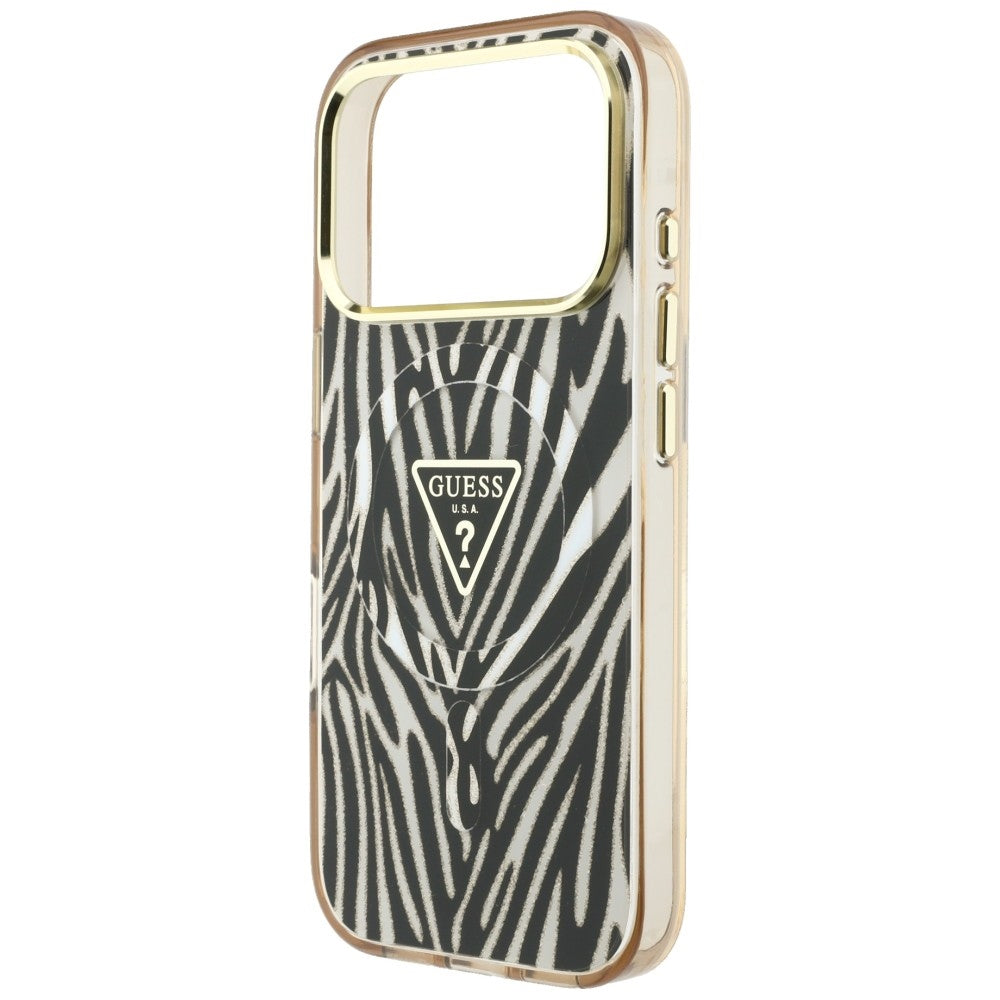 MagSafe-Hülle für Apple iPhone 18 Pro Max / 17 Pro Max, Guess, Zebra Glitter Dreieck Logo, Gold