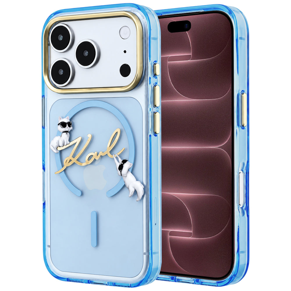 MagSafe-Hülle für Apple iPhone 18 Pro Max / 17 Pro Max, Karl Lagerfeld, IML Choupette Karl Script Logo, Blau
