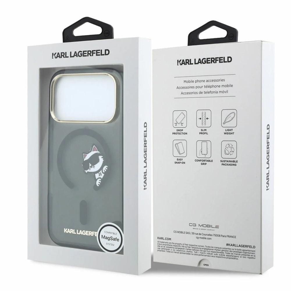MagSafe-Hülle für Apple iPhone 18 Pro Max / 17 Pro Max, Karl Lagerfeld, IML Peekaboo Print und Metallrahmen, Schwarz