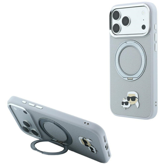 MagSafe-Hülle für Apple iPhone 18 Pro Max / 17 Pro Max, Karl Lagerfeld, Ring Stand 360 Karl & Choupette Pin, Grau