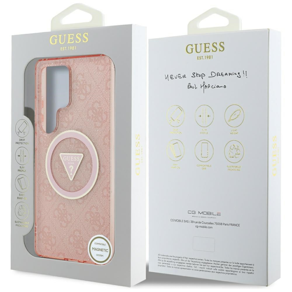 MagSafe Hülle für Samsung Galaxy S25 Ultra S938, Guess, IML Glitter 4G Circle Triangle, Rosa