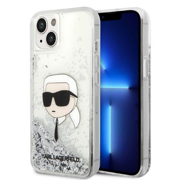 Hülle für Apple iPhone 14 Plus, Karl Lagerfeld, Glitter Karl's Head, Silbern