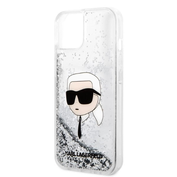 Hülle für Apple iPhone 14 Plus, Karl Lagerfeld, Glitter Karl's Head, Silbern