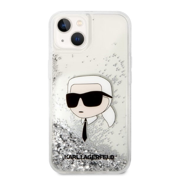 Hülle für Apple iPhone 14 Plus, Karl Lagerfeld, Glitter Karl's Head, Silbern