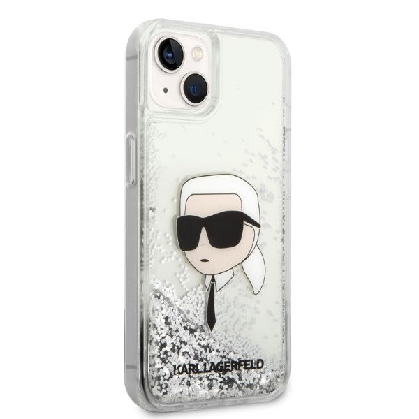 Hülle für Apple iPhone 14 Plus, Karl Lagerfeld, Glitter Karl's Head, Silbern