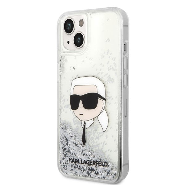 Hülle für Apple iPhone 14 Plus, Karl Lagerfeld, Glitter Karl's Head, Silbern