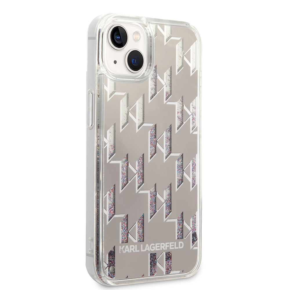 Hülle für Apple iPhone 14 Plus, Karl Lagerfeld, Liquid Glitter Monogram, Silbern