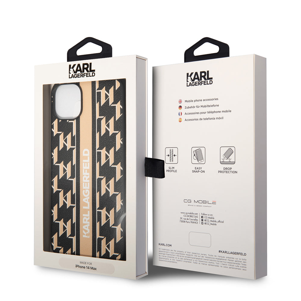 Hülle für Apple iPhone 14 Plus, Karl Lagerfeld, Monogram Stripe, Braun