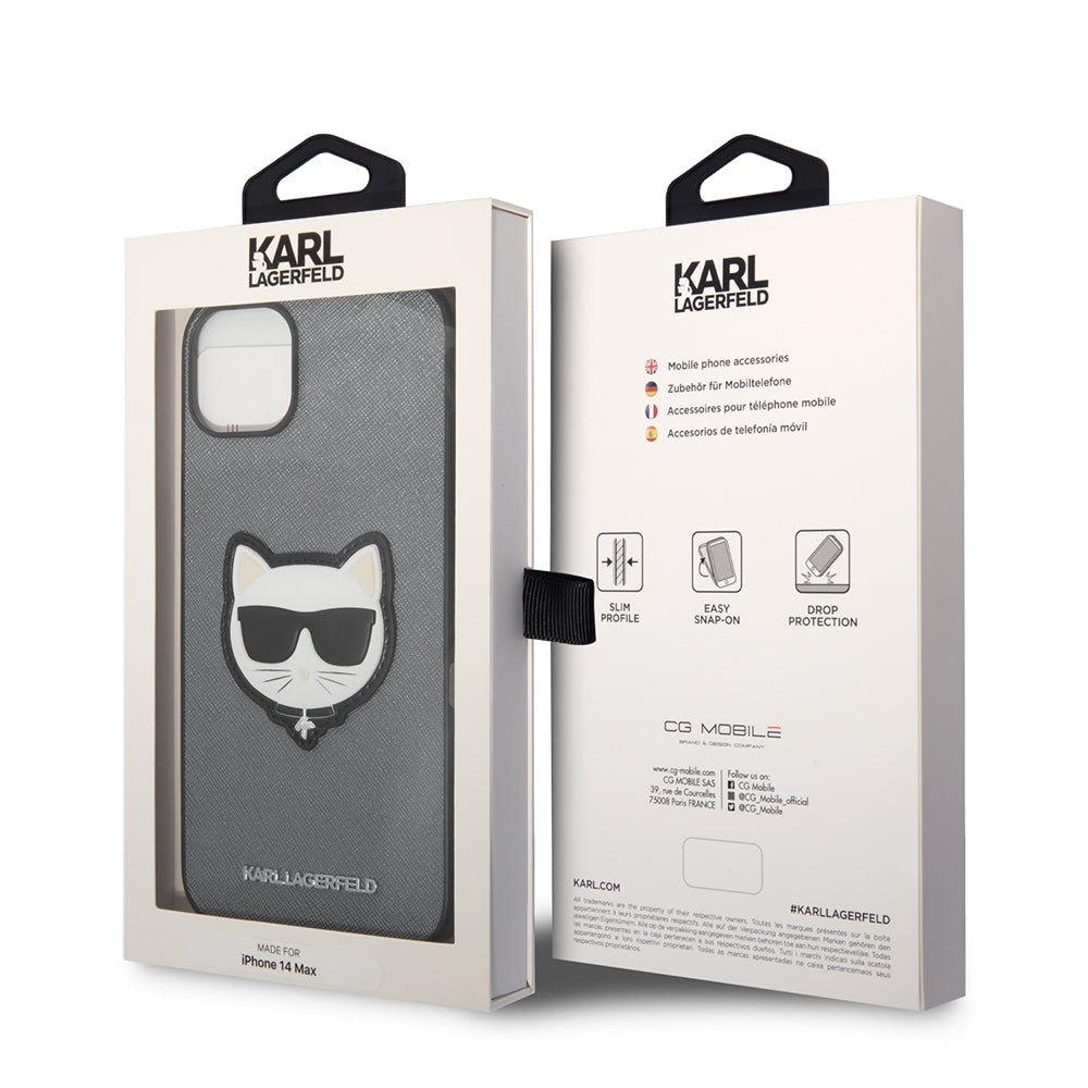 Hülle für Apple iPhone 14 Plus, Karl Lagerfeld, Saffiano Choupette's Head, Silbern
