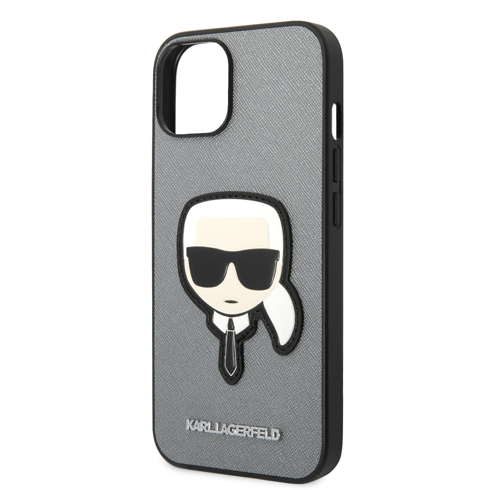 Hülle für Apple iPhone 14 Plus, Karl Lagerfeld, Saffiano Karl's Head, Silbern