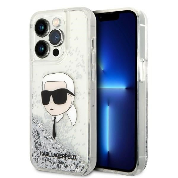 Hülle für Apple iPhone 14 Pro, Karl Lagerfeld, Glitter Karl's Head, Silbern