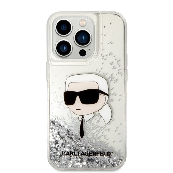Hülle für Apple iPhone 14 Pro, Karl Lagerfeld, Glitter Karl's Head, Silbern