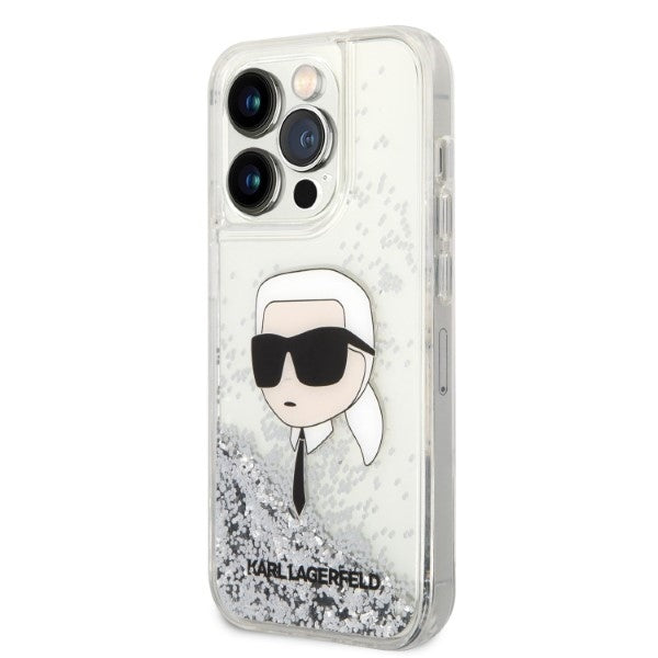 Hülle für Apple iPhone 14 Pro, Karl Lagerfeld, Glitter Karl's Head, Silbern