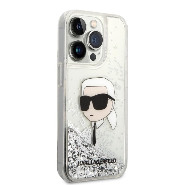 Hülle für Apple iPhone 14 Pro, Karl Lagerfeld, Glitter Karl's Head, Silbern