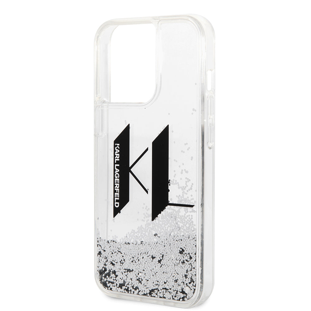 Hülle für Apple iPhone 14 Pro, Karl Lagerfeld, Liquid Glitter Big KL, Silbern