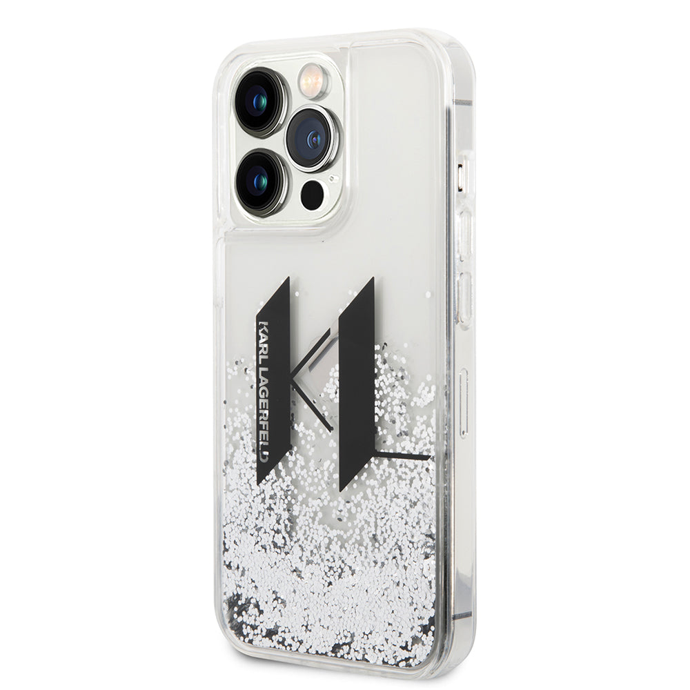 Hülle für Apple iPhone 14 Pro, Karl Lagerfeld, Liquid Glitter Big KL, Silbern
