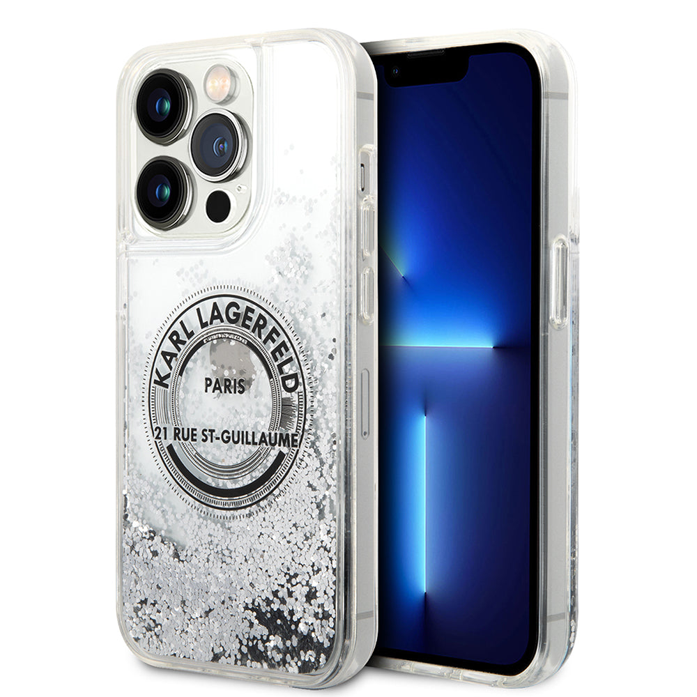 Hülle für Apple iPhone 14 Pro, Karl Lagerfeld, Liquid Glitter RSG, Silbern
