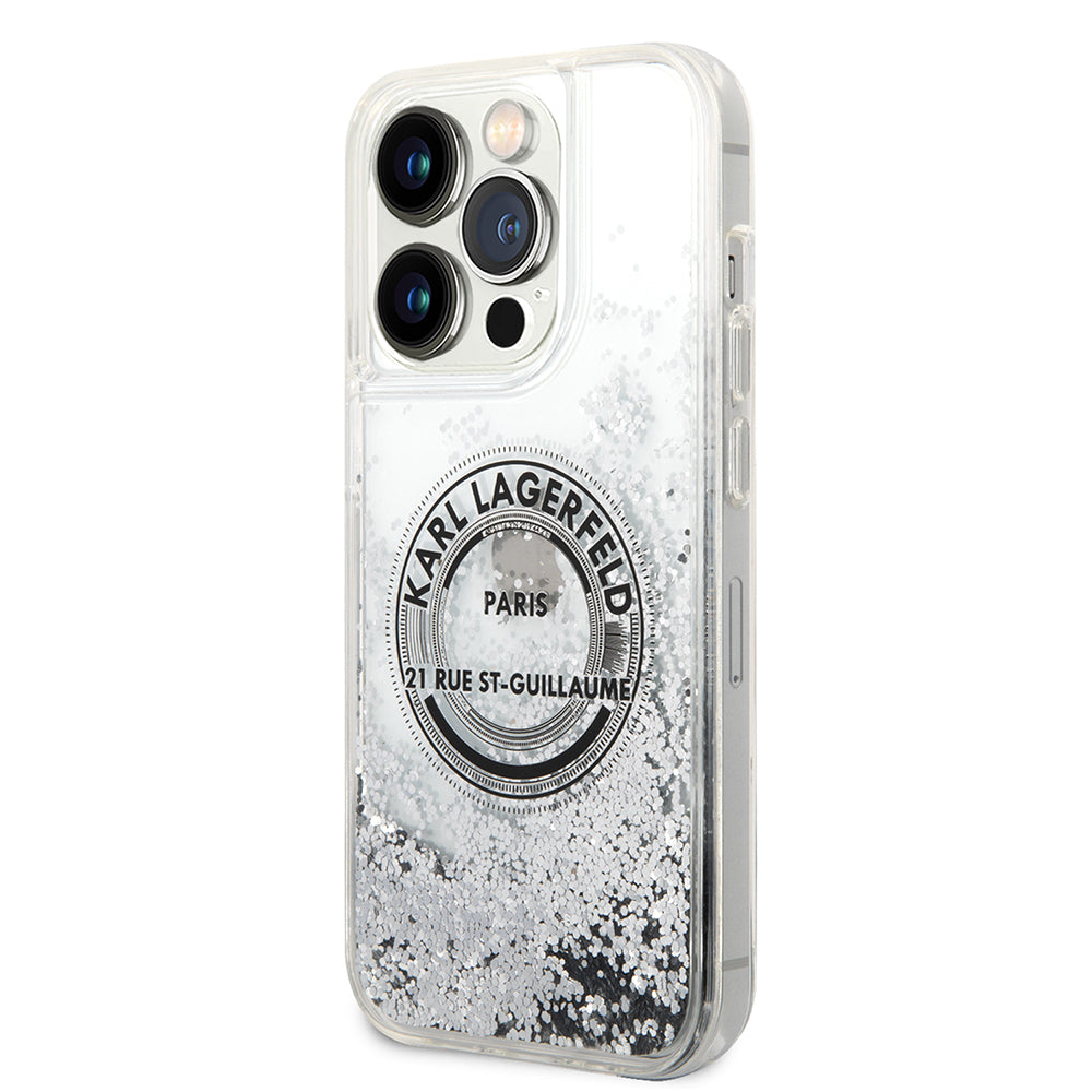 Hülle für Apple iPhone 14 Pro, Karl Lagerfeld, Liquid Glitter RSG, Silbern